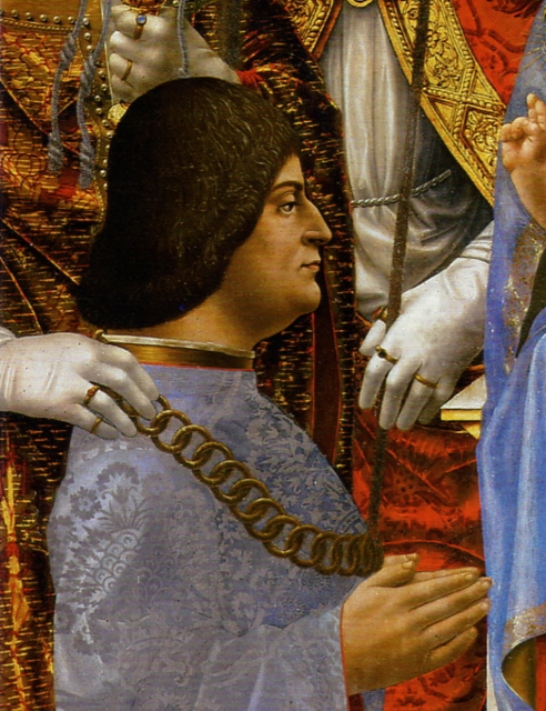 Unbekannter Meiste, Ludovico Sforza, um 1494, Ausschnitt aus dem Sforza-Altar, Pinacoteca di Bera, Mailand, Quelle: Wikipedia, public domain